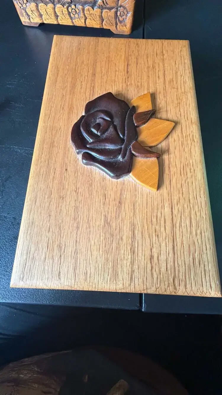 Vintage Wooden Jewelry Box with Rose Carving and Red Velvet Lining